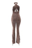 Brown slim-fit jumpsuit with flared hem