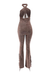 Brown slim-fit jumpsuit with flared hem