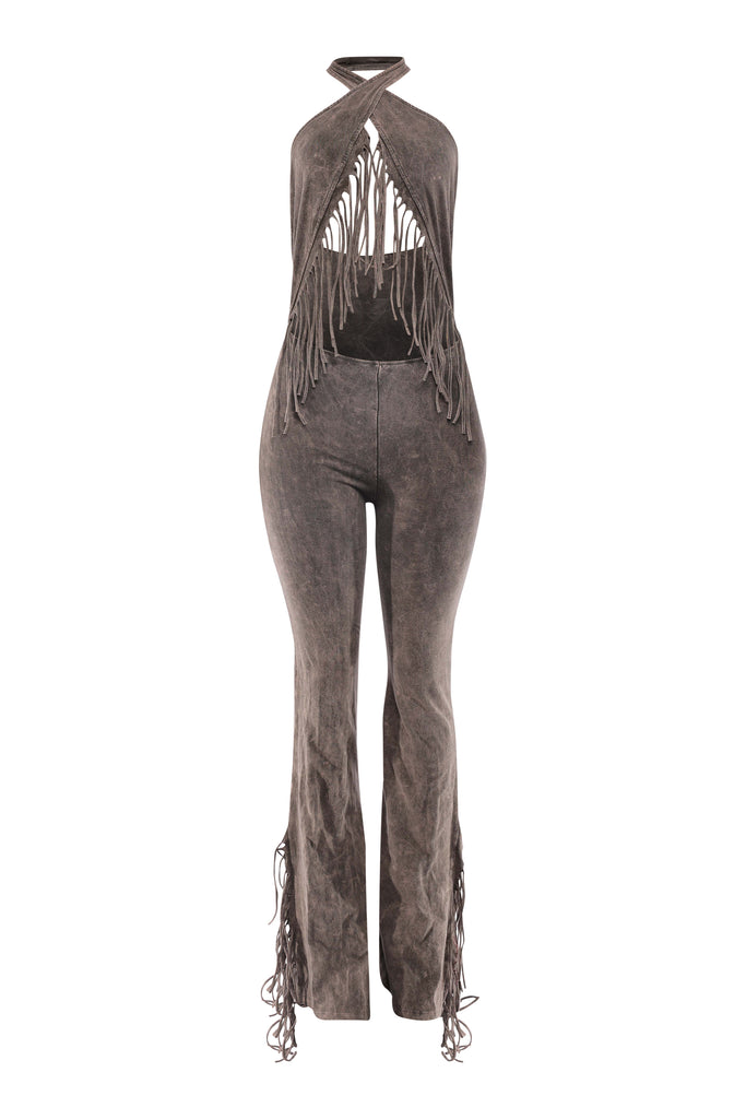 Olive halter fringe jumpsuit with open back