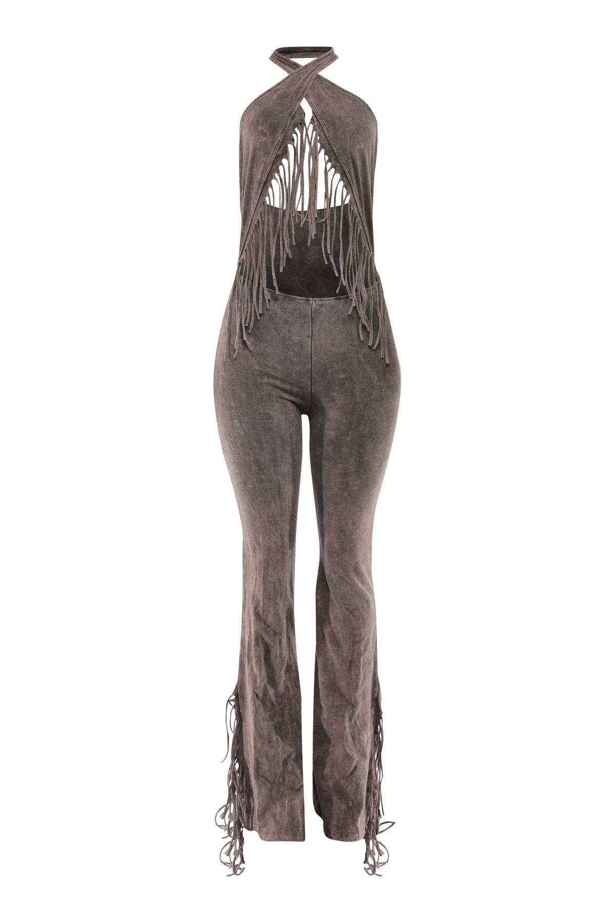 Olive halter fringe jumpsuit with open back