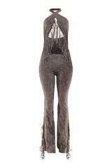 Olive halter fringe jumpsuit with open back