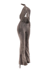Mineral washed olive jumpsuit with side fringe