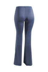 Back view of slate blue flared pants with curve-accentuating silhouette