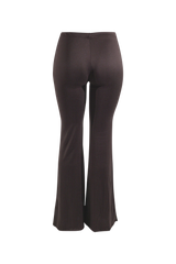 Back view of brown slim fit flare pants with flattering natural curve cut