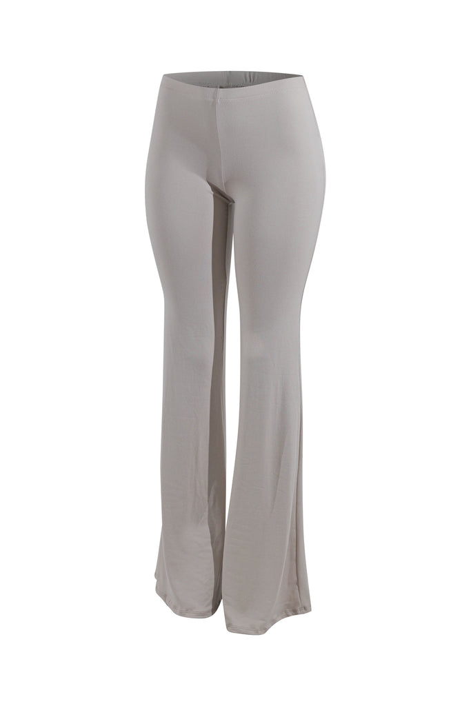 Front view of beige high waisted flare pants with soft drape and wide hem