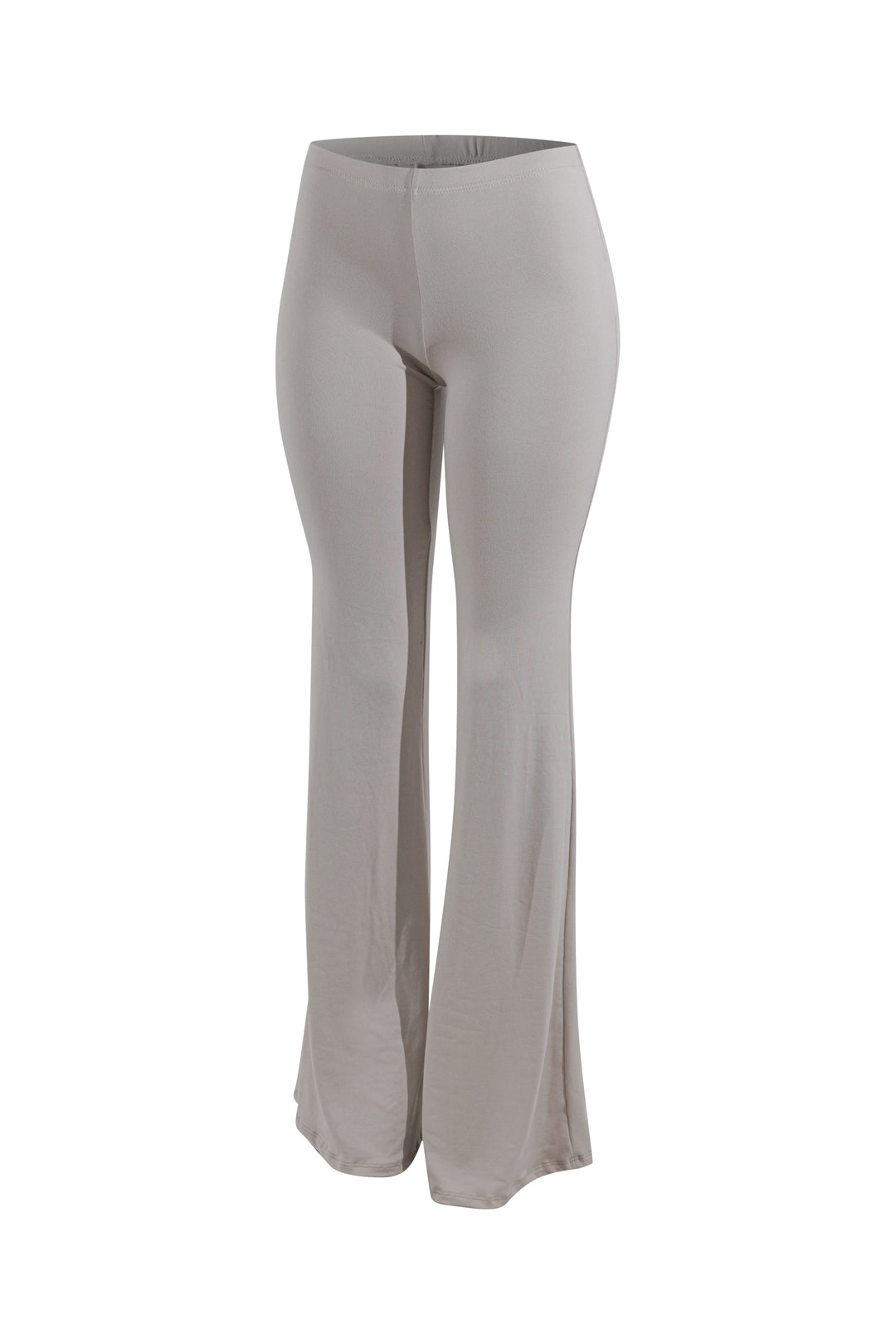 Front view of beige high waisted flare pants with soft drape and wide hem