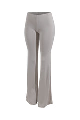 Front view of beige high waisted flare pants with soft drape and wide hem