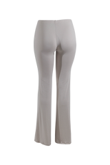 Back view of beige elastic waist flare pants showcasing natural shape and smooth finish