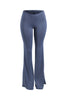 Front view of slate blue high rise pants with wide flare hem and sleek finish