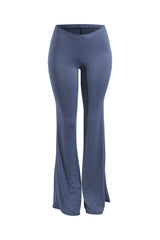 Front view of slate blue high rise pants with wide flare hem and sleek finish