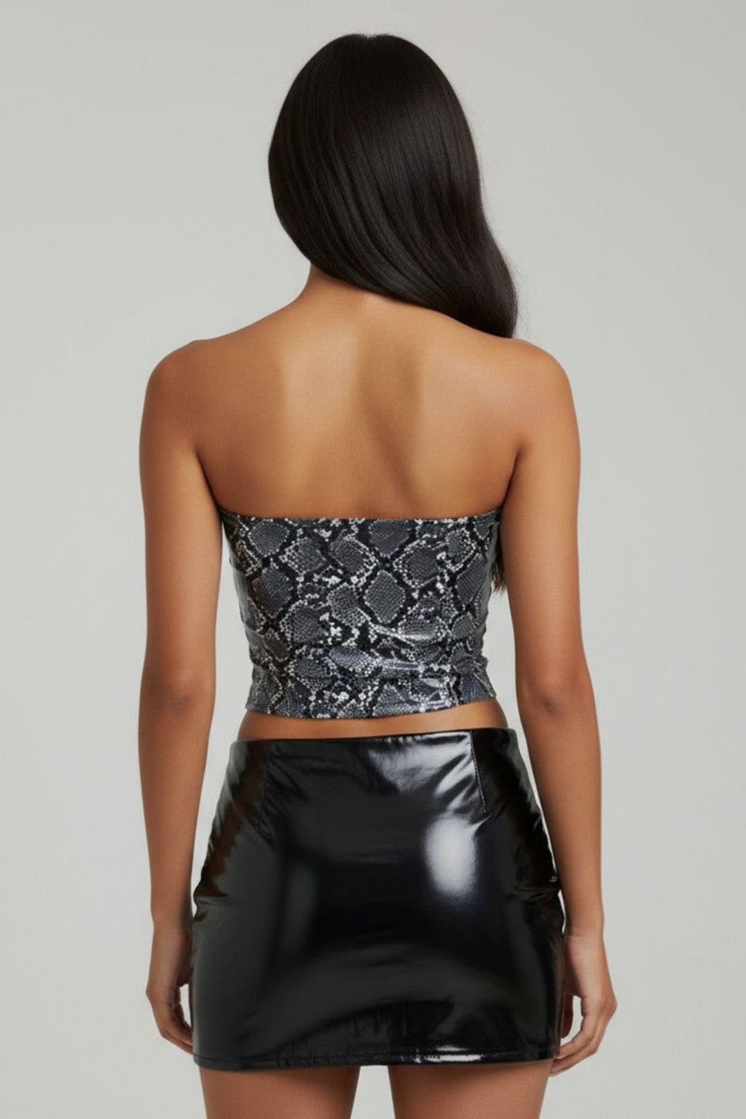 Black PU strap top back view with adjustable clear strap and exposed back design