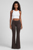 Front view of chocolate brown flare pants with high waist and clean leg line