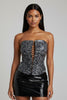 Front view of black and grey snake print tube top with lace-up detailing