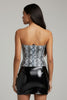 back view of light snake print tube top with lace-up corset-style detailing