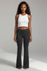Front view of black flared pants with smooth waistband and figure-hugging shape