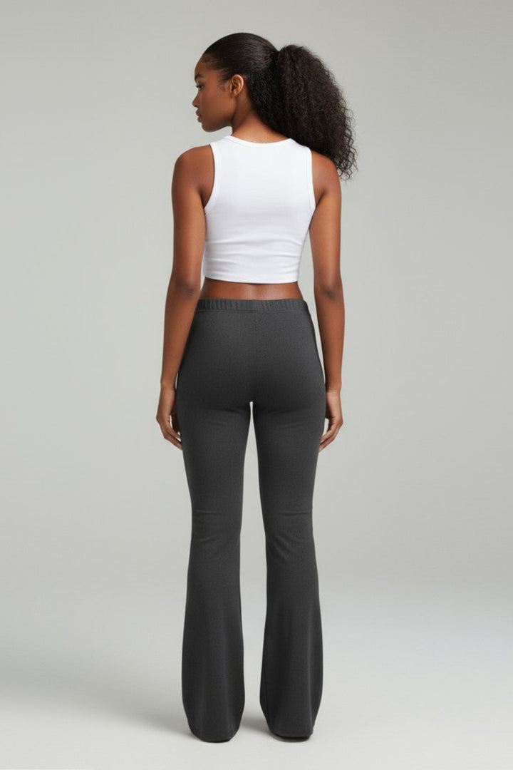 Back view of black pants showing streamlined fit and comfortable drape